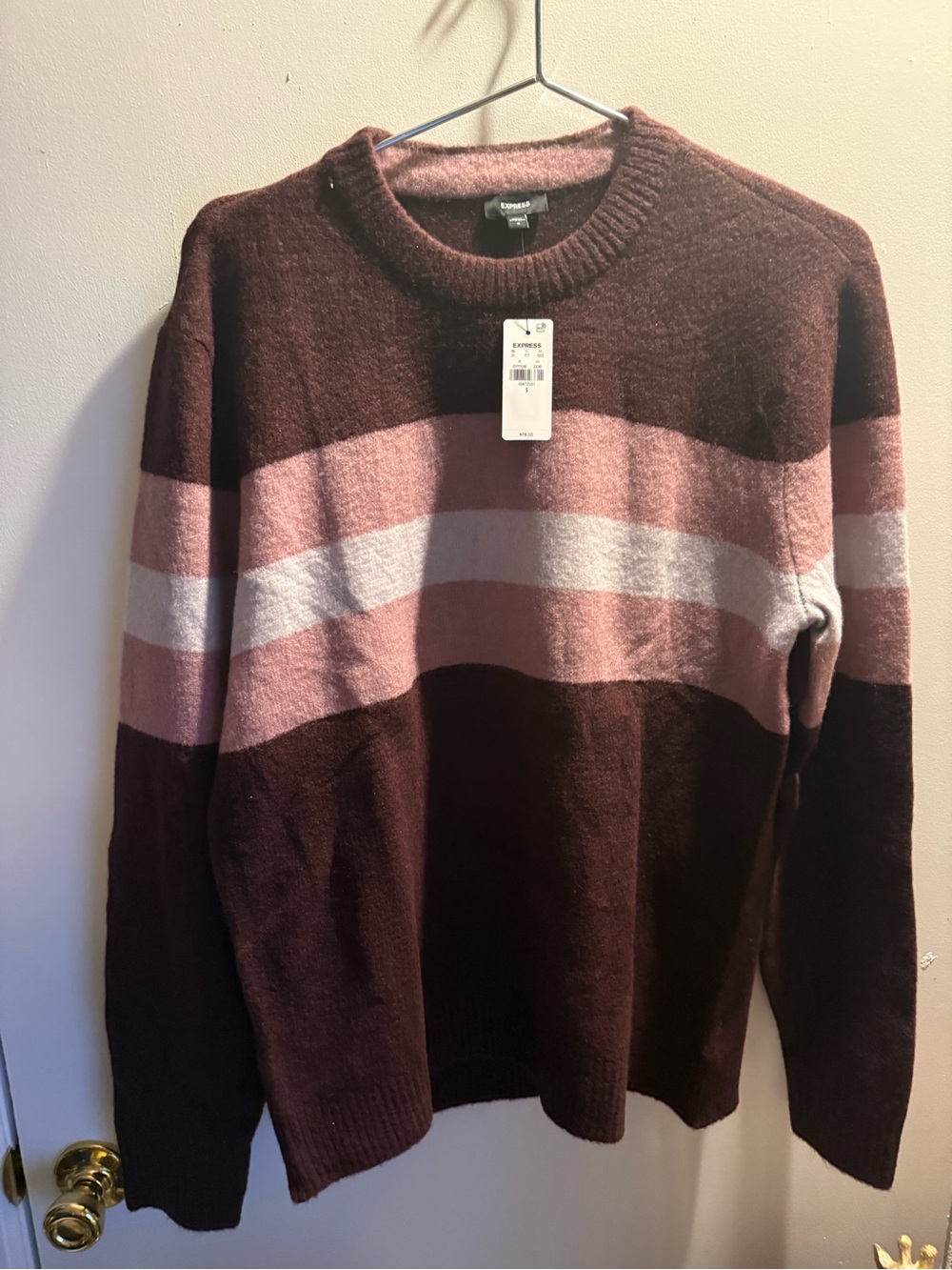 Burgundy Crewneck Sweater with Pink and White Stripes